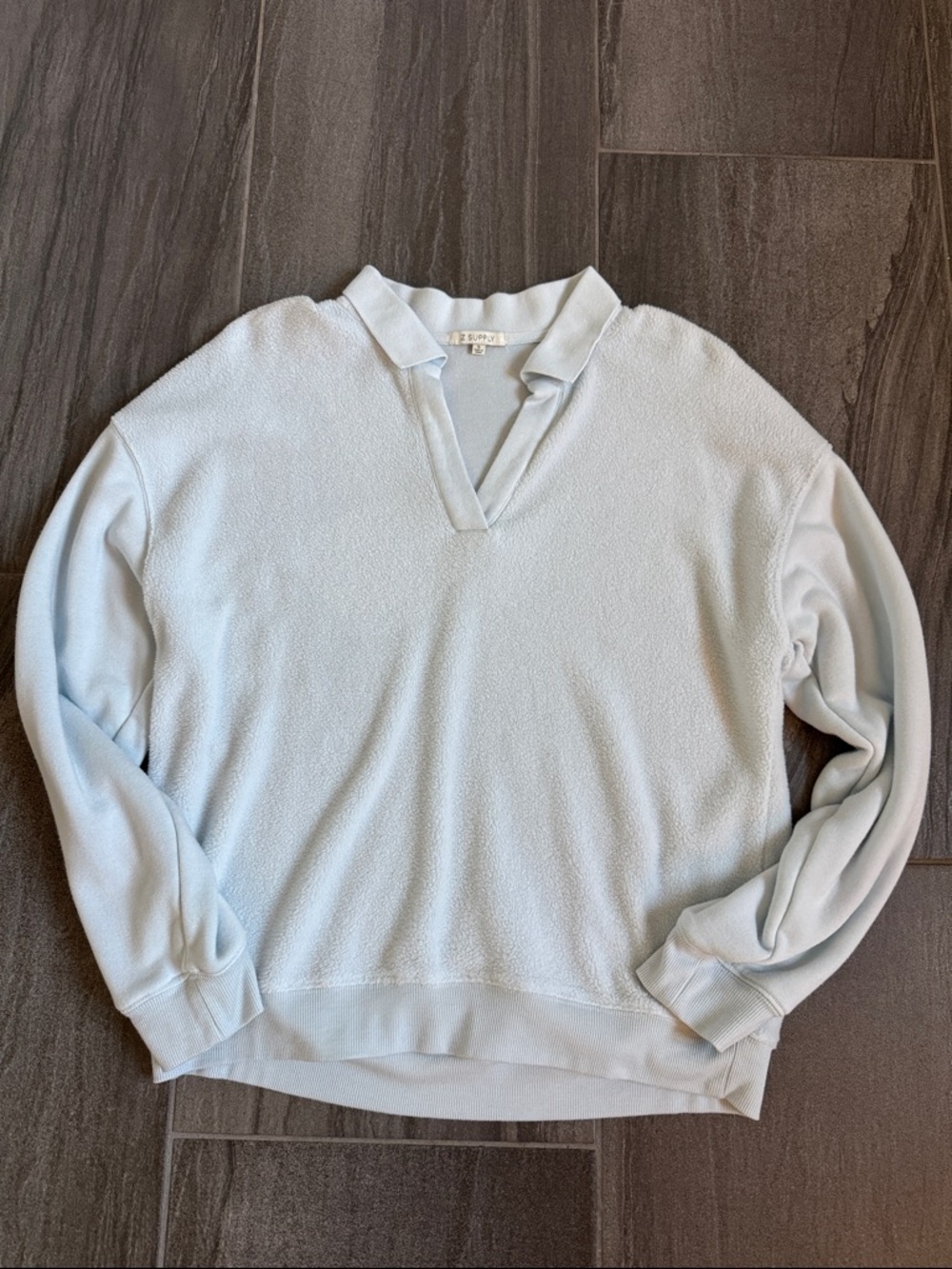Z Supply Pale Blue Terry Polo V-Neck Sweatshirt